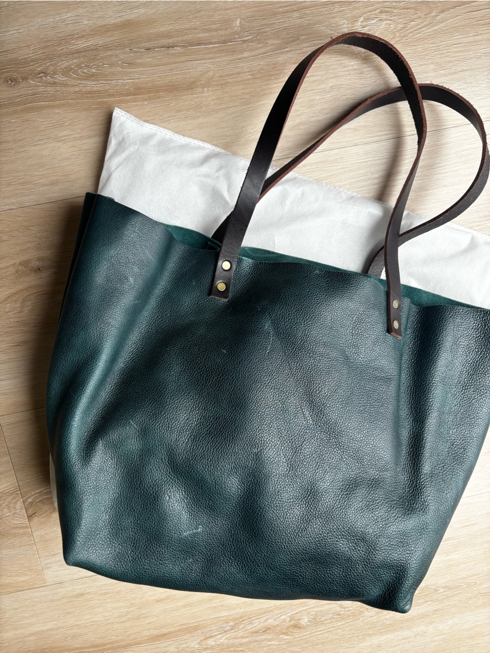 Classic Dark Green/Blue (lagoon) Tote Bag w Brown Handles Portland Leather Goods